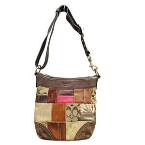 Vintage Coach Patchwork Leather Signature Crossbody Shoulder Bag Brown Y2K